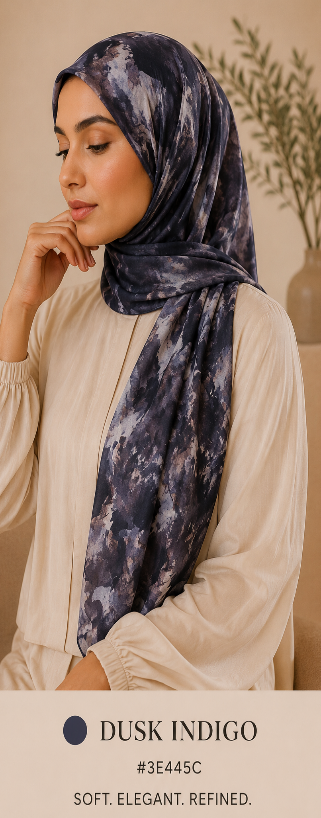 Woman wearing a Dusk Indigo hijab with a beige background