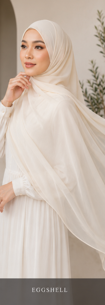 Woman wearing an eggshell-colored Malaysian georgette hijab and dress against a neutral background