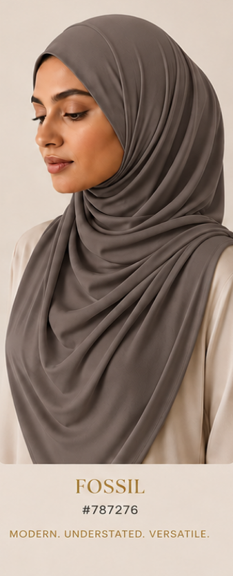 Woman wearing a Fossil Gray (grey) Luxe Jersey hijab with 'Fossil' branding and color code.