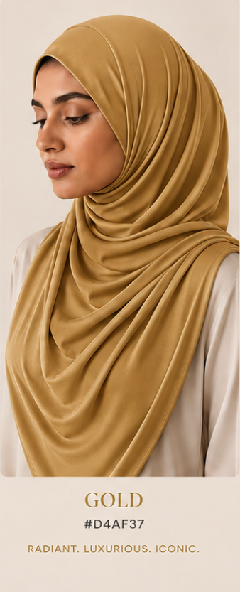 Woman wearing a gold luxe jersey hijab with color code #D4A5F37 on a beige background