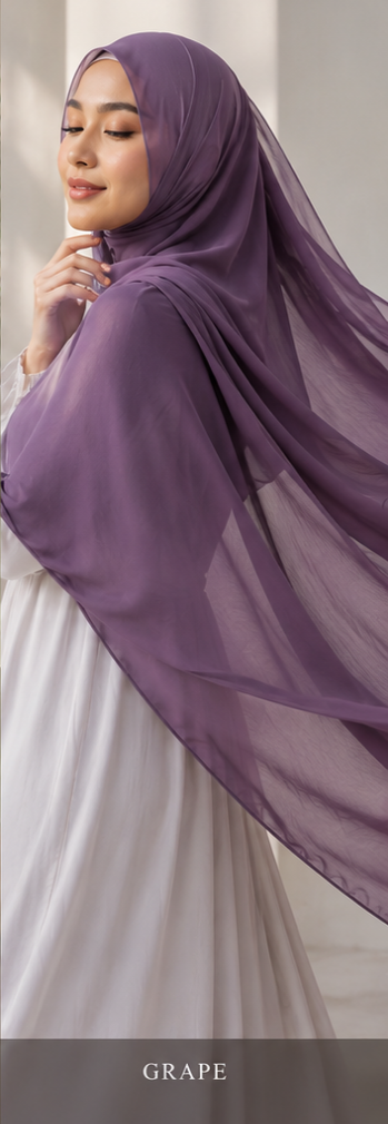 Woman wearing a Grape purple Malaysian georgette hijab with a white background