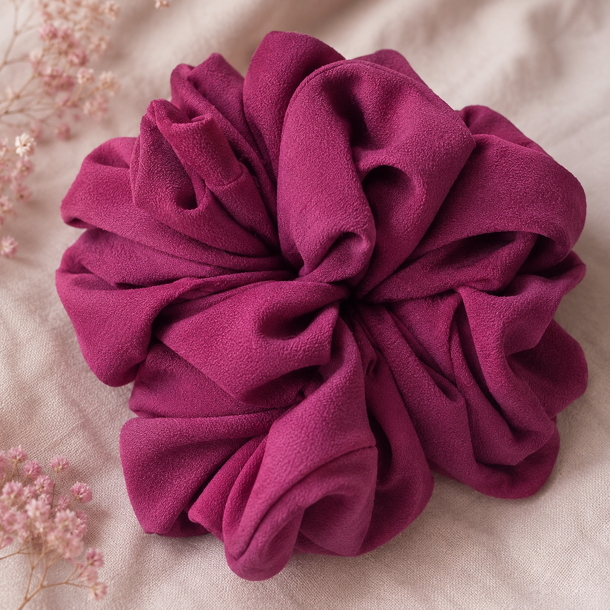 Pink scrunchie on a beige background with small pink flowers