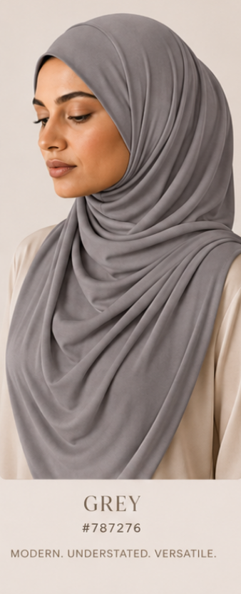 Woman wearing a gray luxe jersey hijab with product code #787276 displayed.