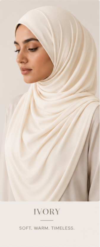 Woman wearing a Ivory Luxe Jersey hijab with 'Ivory' text below.