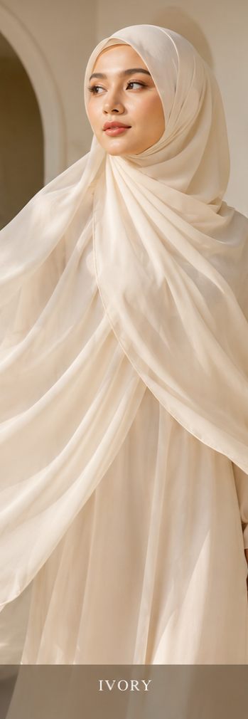 Woman wearing a I ivory Malaysian georgette hijab with 'Ivory' text at the bottom.