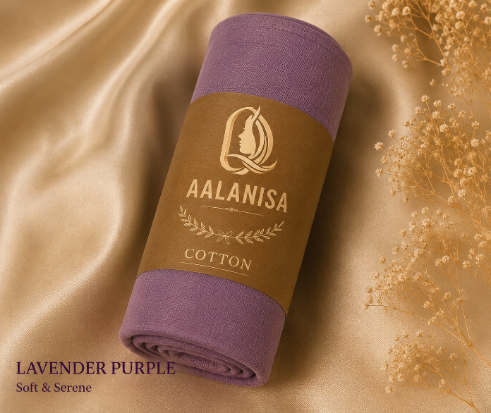 Purple Premium Modal Cotton Hijab fabric roll with A alanisa branding on a beige fabric background
