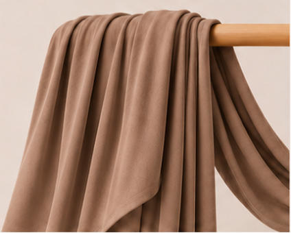 Light brown bamboo jersey hijab on a wooden rod with product features listed.