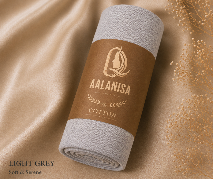 Rolled-up light grey Premium Modal Cotton Hijab with Aalanisa branding on a beige fabric background