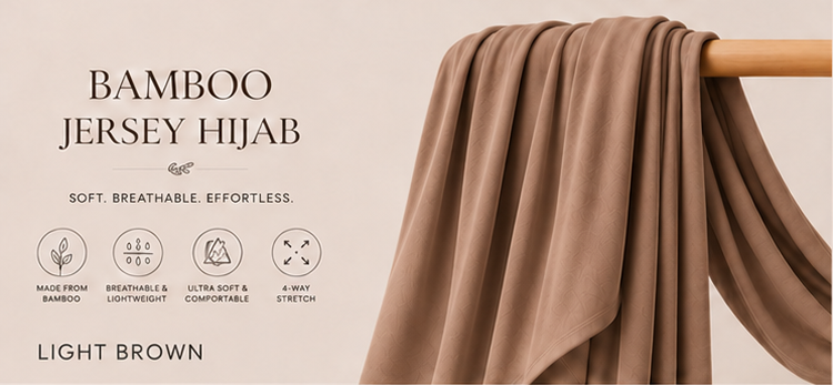 Light brown bamboo jersey hijab on a wooden rod with product features listed.