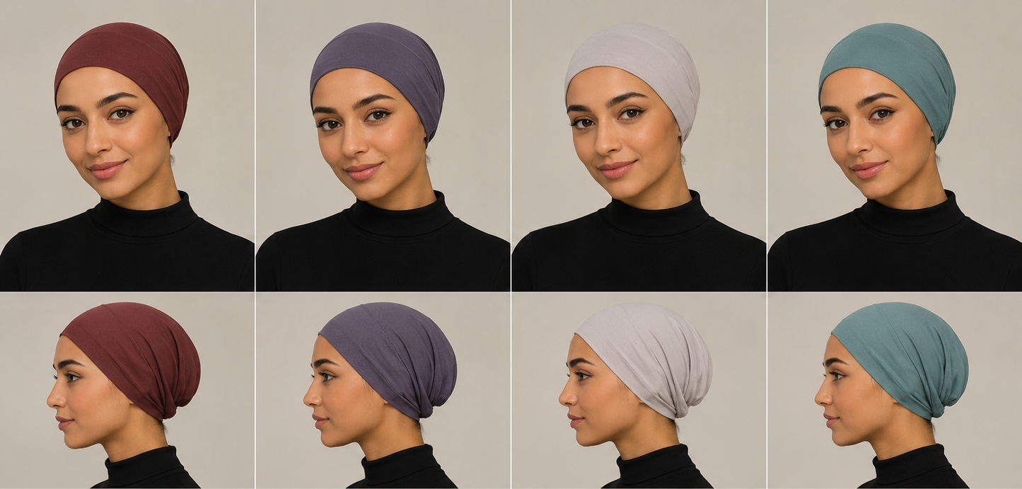 Grid of a woman wearing different colored headscarves on a neutral background