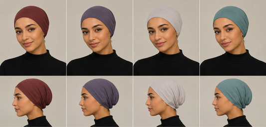 Grid of a woman wearing different colored headscarves on a neutral background