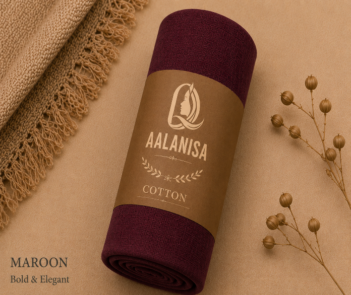 Maroon Premium Modal Cotton Hijab roll with 'Aalanisa' label on a beige background