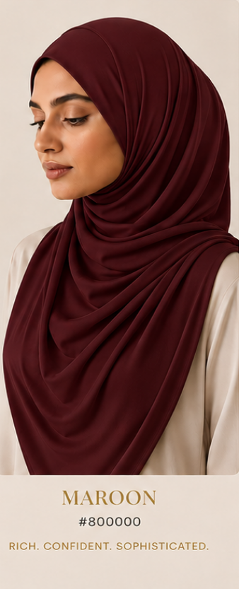 Woman wearing a maroon luxe jersey hijab with text describing the color and its attributes.