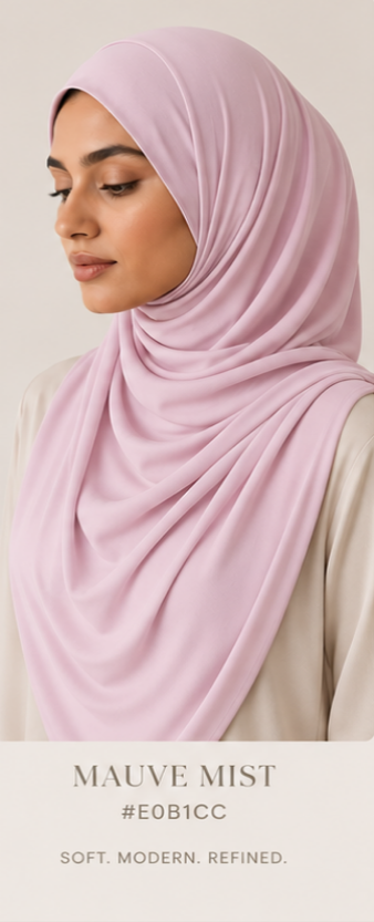 Woman wearing a Mauve Mist colored Luxe Jersey hijab with color swatch and description text.