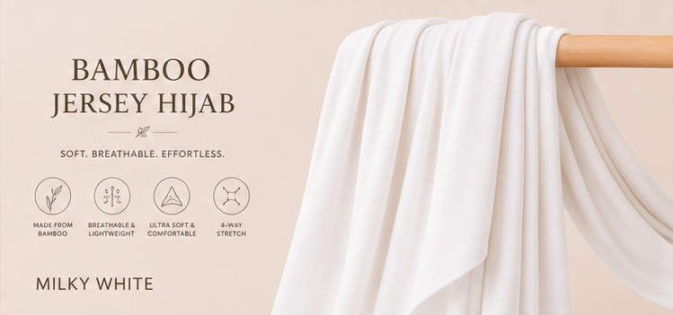 Milky White bamboo jersey hijab on a wooden rod with product features listed.