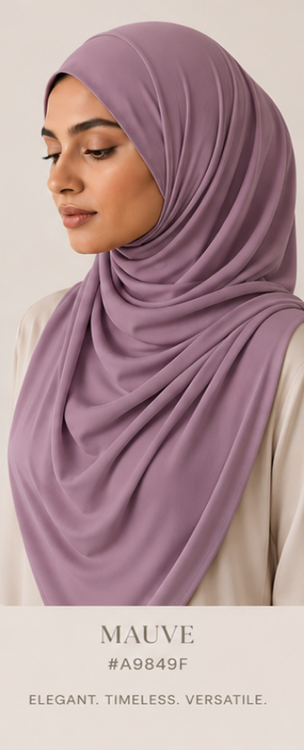 Woman wearing a mauve Luxe Jersey hijab with color code and description text.