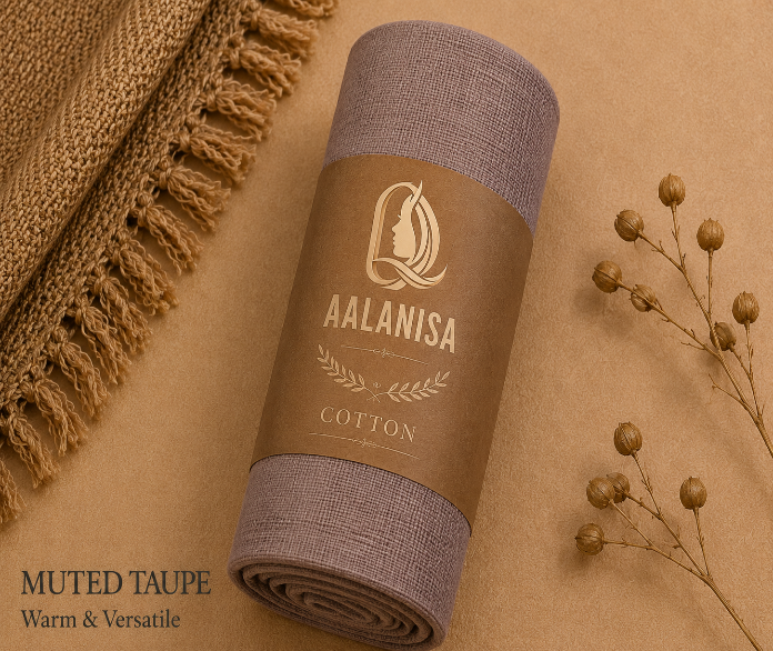 Rolled-up Aala nisa Muted Taupe Premium Modal Cotton Hijab  branding on a beige background
