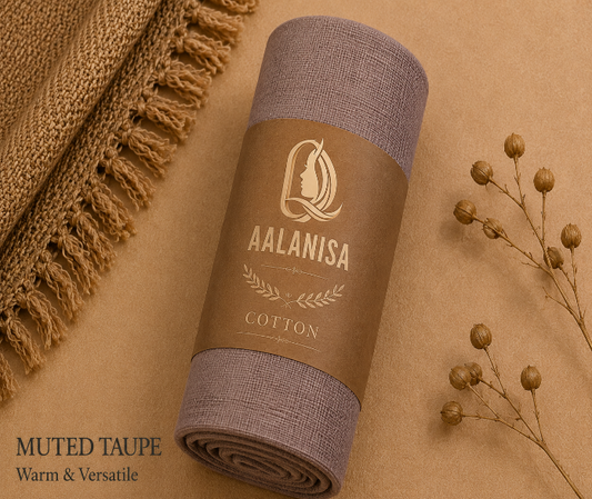Rolled-up Aala nisa Muted Taupe Premium Modal Cotton Hijab  branding on a beige background