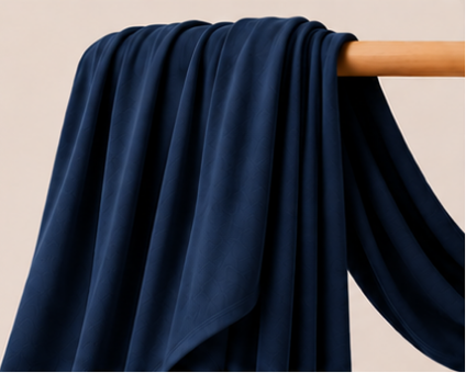 Navy Blue bamboo jersey hijab on a wooden rod with product details on a beige background