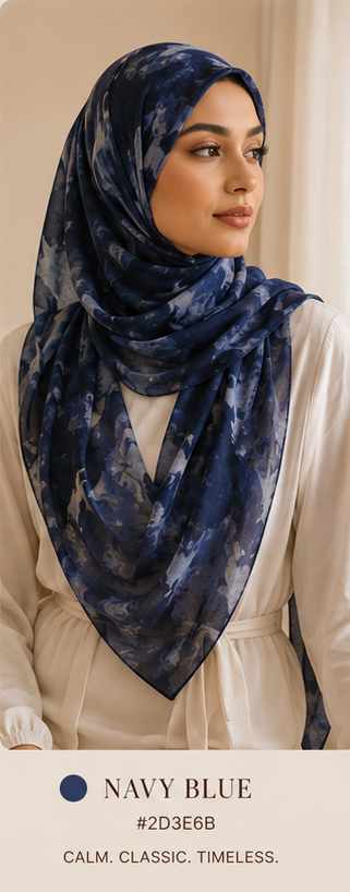 Woman wearing a navy blue patterned printed hijab with a color swatch and text overlay.