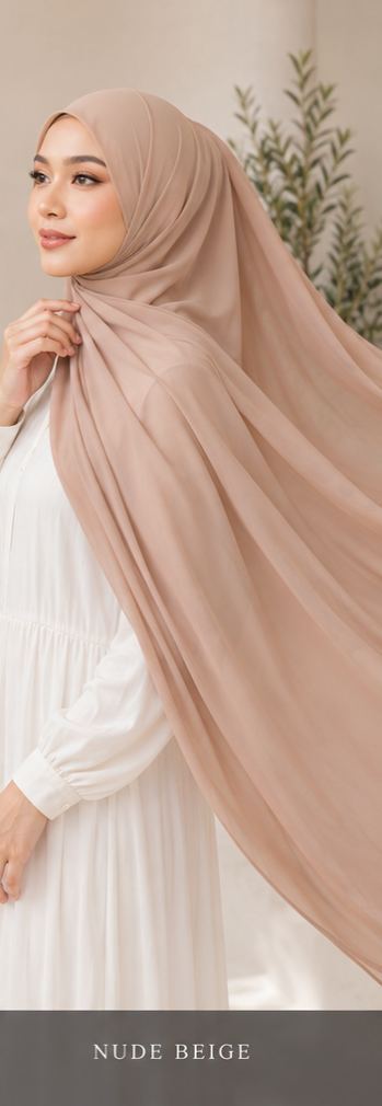 Woman wearing a nude beige Malaysian georgette Premium hijab with a white background