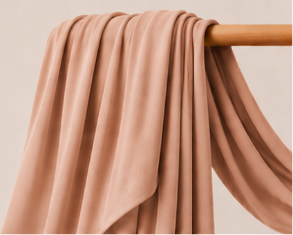 Nude salmon bamboo jersey hijab on a wooden rod with product features listed.