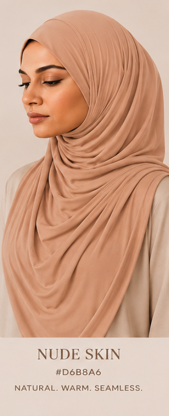Woman wearing a beige nude skin luxe jersey hijab with text about color '#D8B3A6' on a beige background