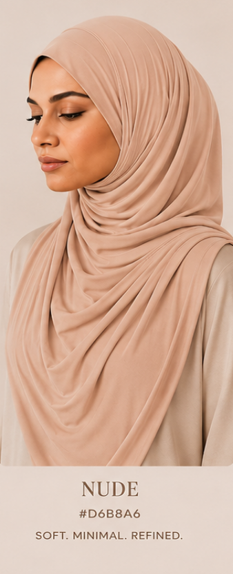 Woman wearing a Nude beige luxe jersey hijab with a soft, minimal, and refined design.