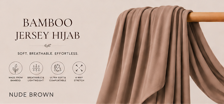 Nude brown bamboo jersey hijab on a wooden rod with product features listed.