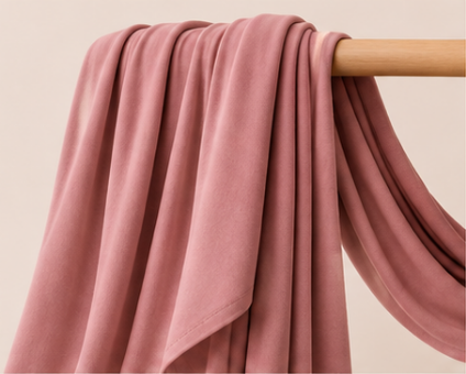 Old Rose bamboo jersey hijab on a wooden rod with product features listed.