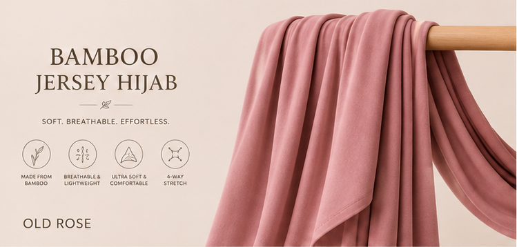 Old Rose bamboo jersey hijab on a wooden rod with product features listed.