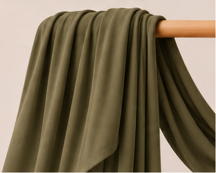 Olive green bamboo jersey hijab on a wooden stick with product features listed.