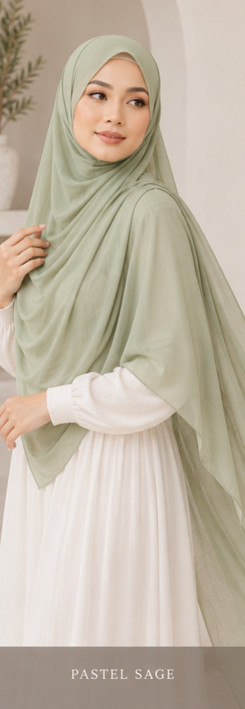 Woman wearing a pastel sage premium Malaysian Georgette hijab and white dress against a neutral background