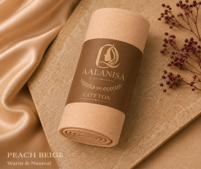 Rolled-up peach beige premium modal cotton hijab fabric with A alanisa label on a beige background
