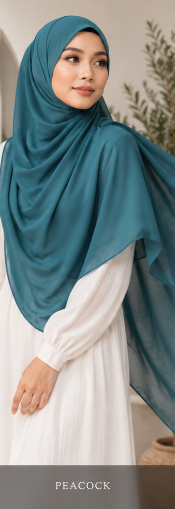 Woman wearing a teal peacock Malaysian georgette hijab with a white dress, standing indoors.
