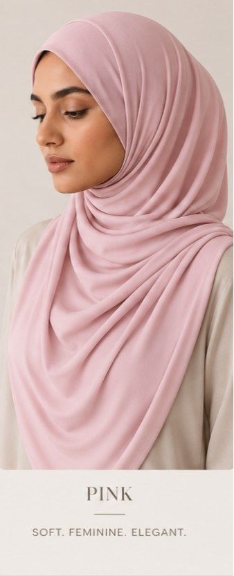 Woman wearing a pink hijab with the word 'Pink' and descriptors 'Soft', 'Feminine', 'Elegant' below.