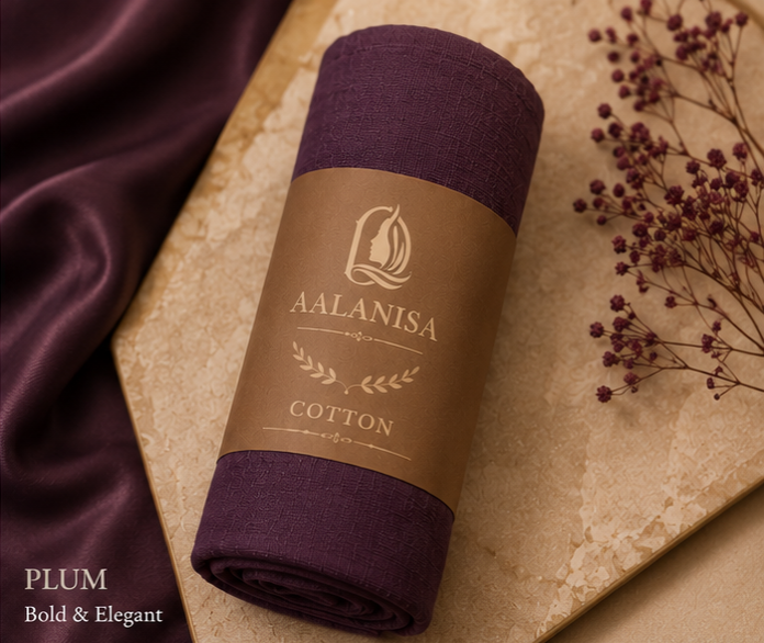 Rolled-up plum-colored Premium Cotton Hijab with Aalanisa branding on a textured surface with purple fabric and dried flowers.