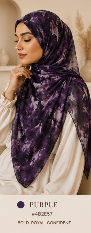 Woman wearing a purple patterned printed hijab with a neutral background