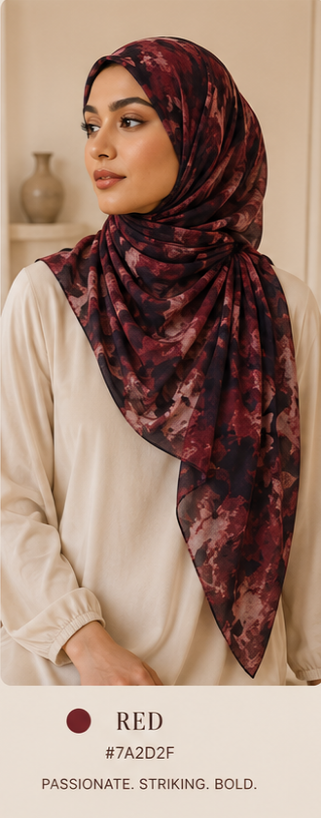 Woman wearing a red patterned printed hijab with a neutral background