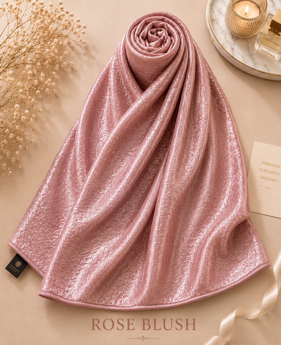 Rose Blush Bubble Satin Islamic Hijab Scarf labeled 'Rose Blush' on a beige surface with decorative elements.