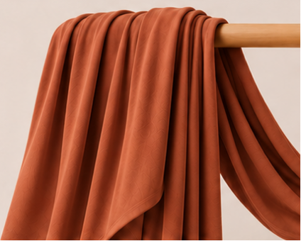 Rust Orange bamboo jersey hijab on a wooden rod with product features listed.