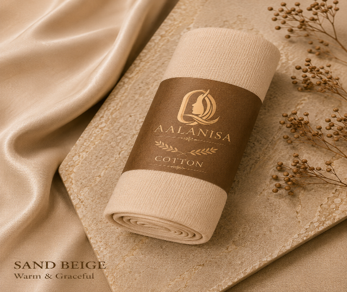 Roll of sand beige premium modal cotton hijab fabric with Aala nisa branding on a textured beige background
