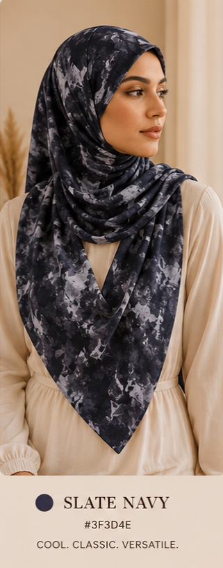 Woman wearing a slate navy patterned digital printed hijab with a beige background