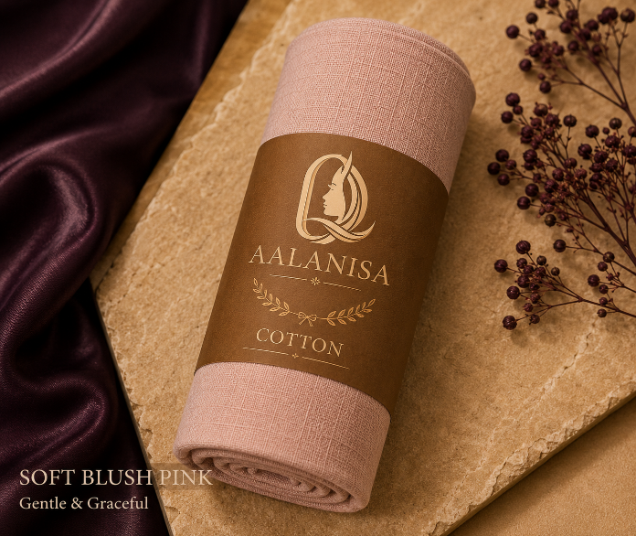 Rolled-up Soft Blush Pink Premium Modal Cotton Hijab Fabric with Aala nisa branding on a stone surface with purple fabric and berries.