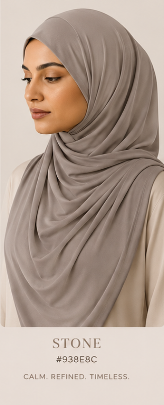 Woman wearing a stone-colored luxe jersey hijab with color code #933E8C on a beige background.