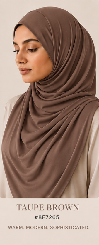 Woman wearing a taupe brown luxe jersey hijab with color code #8F7265 on a beige background