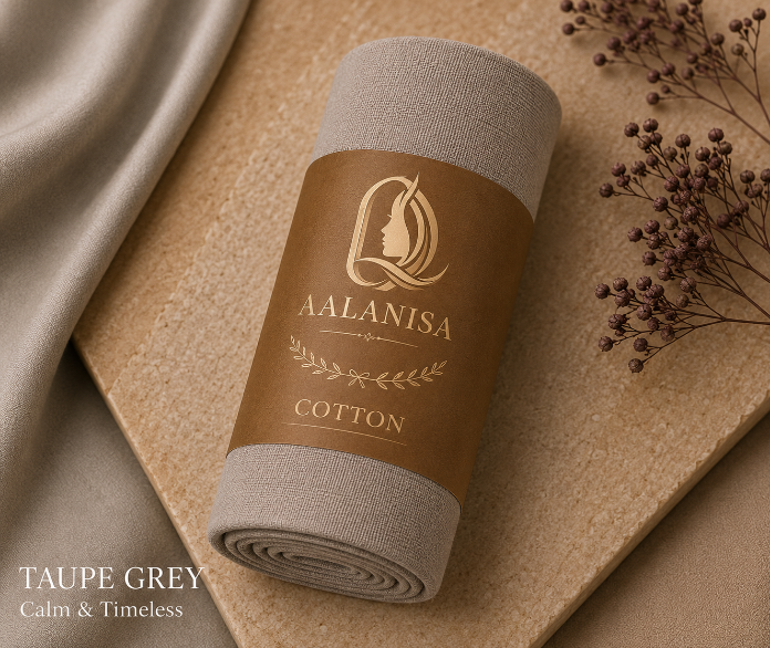 Rolled-up Taupe Grey Premium Modal Cotton Hijab with Aala nisa branding on a beige fabric background