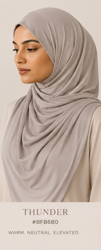 Woman wearing a beige luxe jersey hijab with text 'THUNDER #BFB680' on a beige background