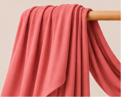 Bamboo jersey hijab in watermelon color on a wooden rod with product features listed.