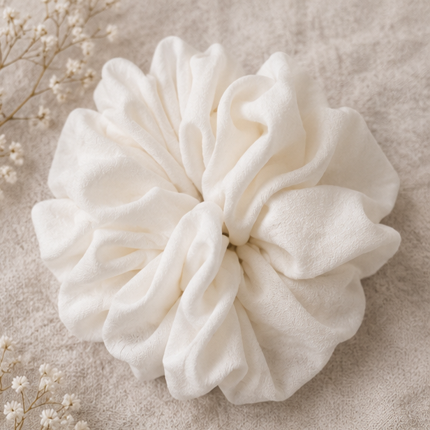 White fabric Scrunchies flower on a beige background with small white flowers.